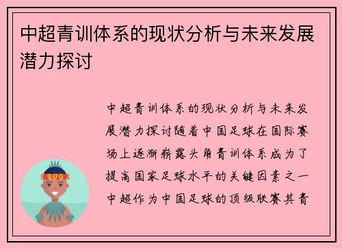 中超青训体系的现状分析与未来发展潜力探讨