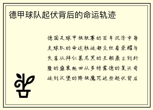 德甲球队起伏背后的命运轨迹