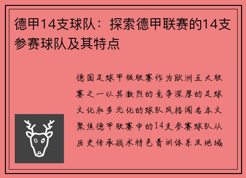 德甲14支球队：探索德甲联赛的14支参赛球队及其特点